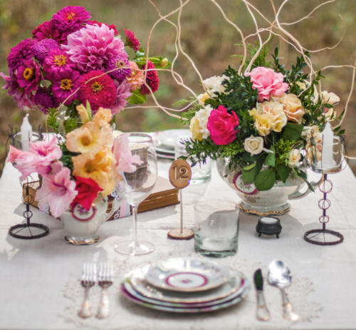 Bouquet of flowers and a table sat on the white tablecloths